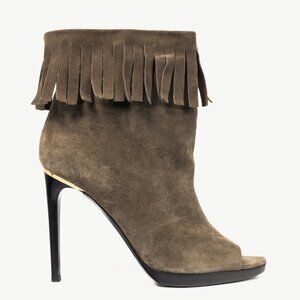 Burberry Pelling Khaki Suede Fringe Peep-Toe Booties